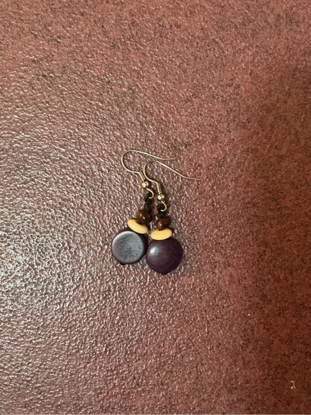 Handcrafted Purple and Tan Bead Dangle Earrings